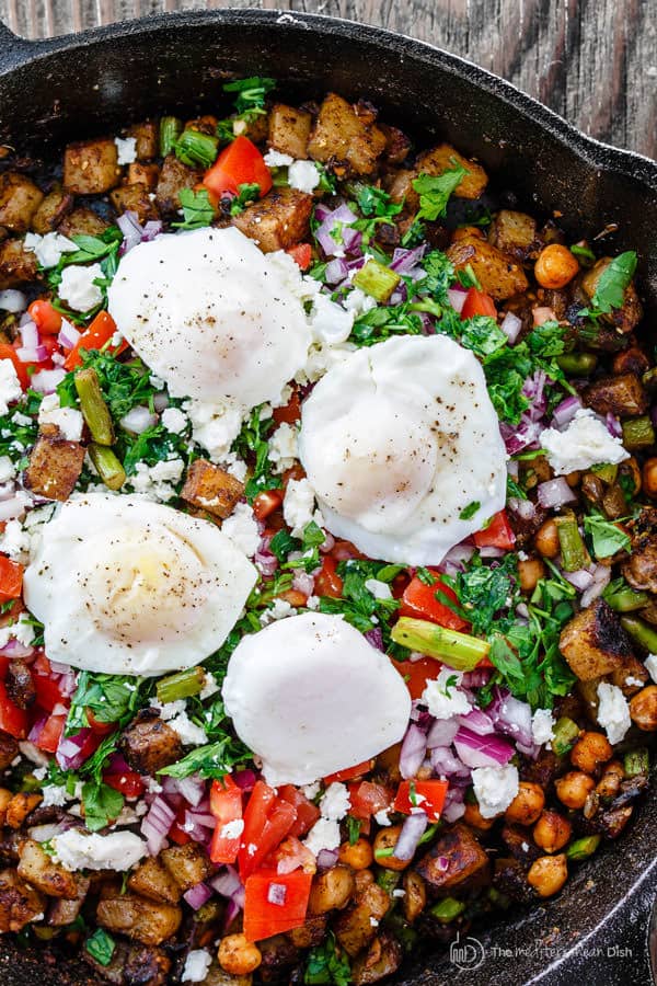 Potato Hash with poached eggs on top