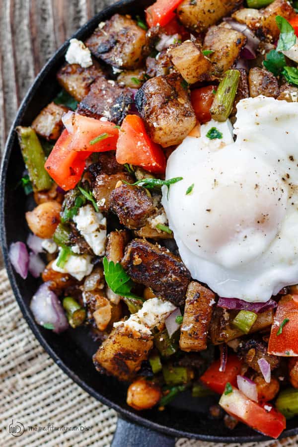 Close-up of potato hash and the various colorful ingredients
