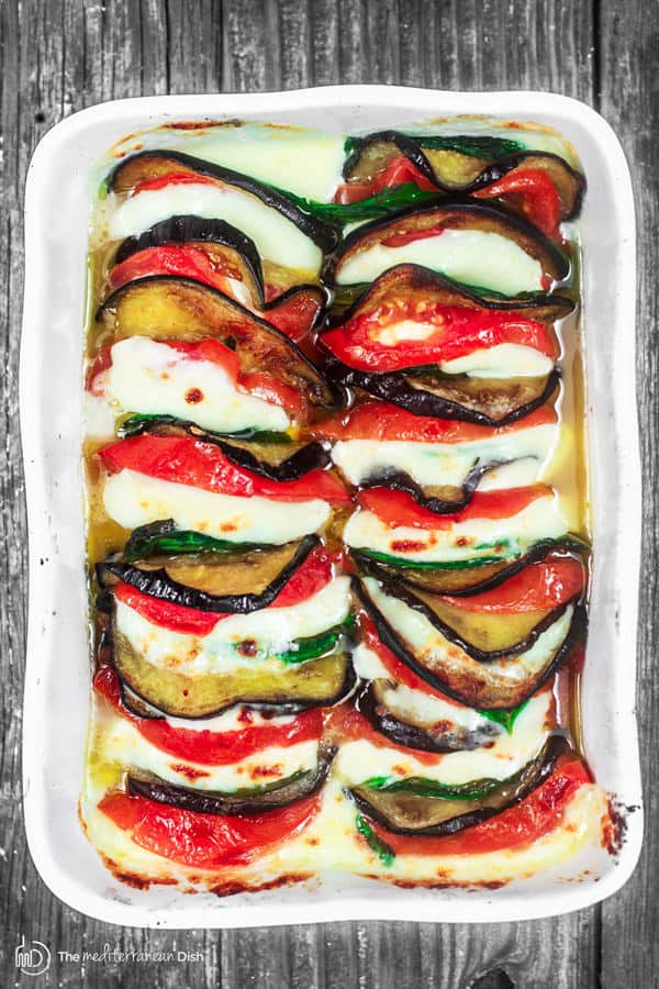 Roasted Eggplant Caprese Salad after being baked in the oven