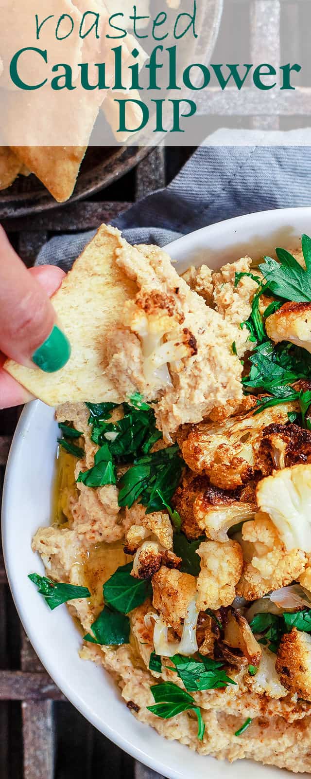 Roasted Cauliflower Tahini Dip | The Mediterranean Dish. A spicy Middle Eastern style dip with roasted cauliflowers, tahini paste, garlic and warm spices like turmeric and smoked paprika. A must try appetizer! See the step-by-step tutorial on The Mediterranean Dish.