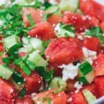 Mediterranean Watermelon Salad with Cucumber, Feta, Fresh Herbs and a Honey-Lime Dressing