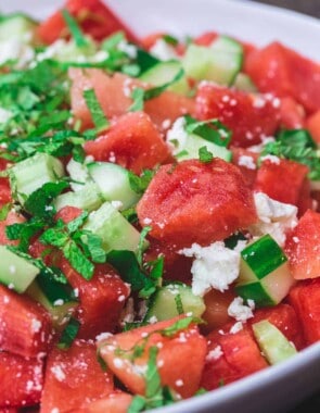 Mediterranean Watermelon Salad with Cucumber, Feta, Fresh Herbs and a Honey-Lime Dressing
