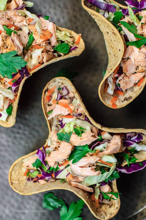 Flatout wraps baked into shells containing salmon and vegetables
