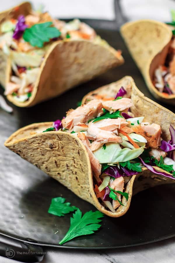 Close-up of Mediterranean Coleslaw and Salmon Bowls using Flatout Wraps