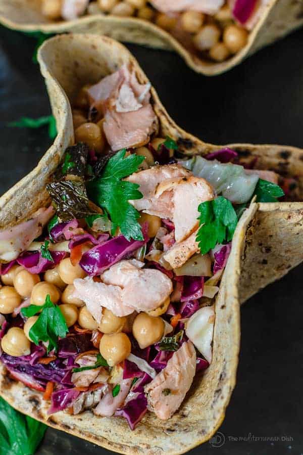 Stuffed Mediterranean Coleslaw and Salmon Bowls