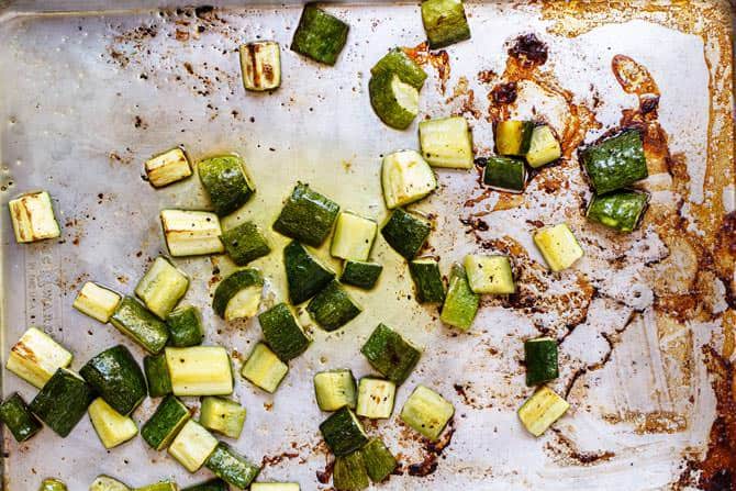 Zucchini cubes after being baked in the oven