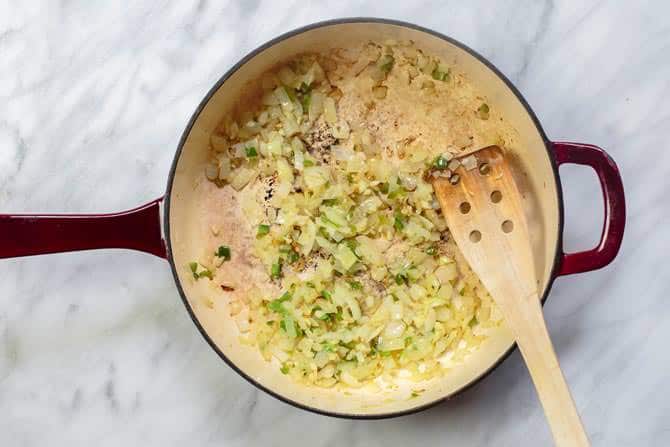 Diced onions, jalapenos and garlic sauteed with olive oil in a hot skillet