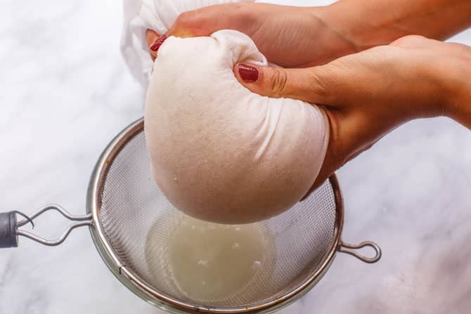 Bulgur wheat strained using a cheesecloth