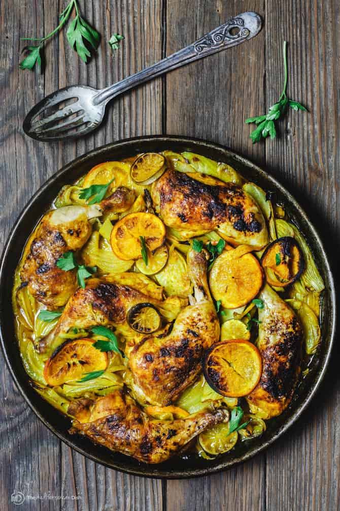 Mediterranean Roast Chicken with Turmeric and Fennel | The Mediterranean Dish. An easy one-pan roast chicken dinner with a delicious combination of Eastern Mediterranean marinade with turmeric and fennel! A warm and rustic chicken dinner that you’ll want to make over and over. See the step-by-step tutorial on TheMediterraneanDish.com