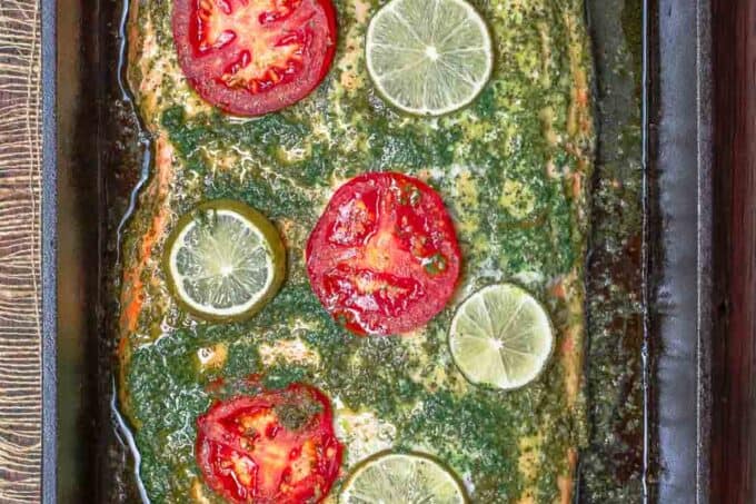 Baked Salmon with Garlic Cilantro Sauce