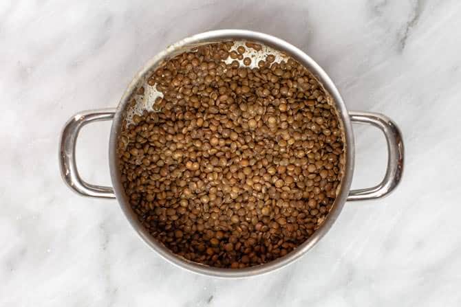 Pot containing brown lentils