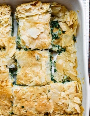 Spanakopita served in a baking dish