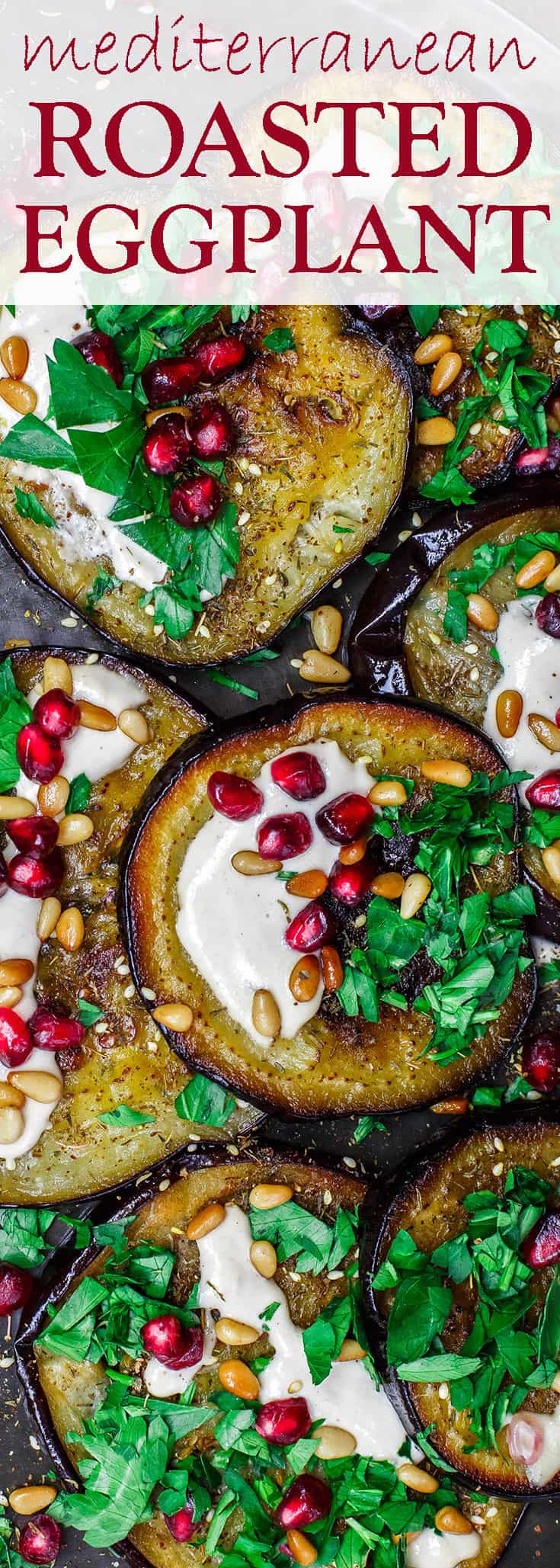 Mediterranean Roasted Eggplant Recipe | The Mediterranean Dish. An easy roasted eggplant recipe, prepared Mediterranean-style with pomegranates, tahini and fresh parsley. Great as an appetizer, salad, or side dish! See it on TheMediterraneanDish.com