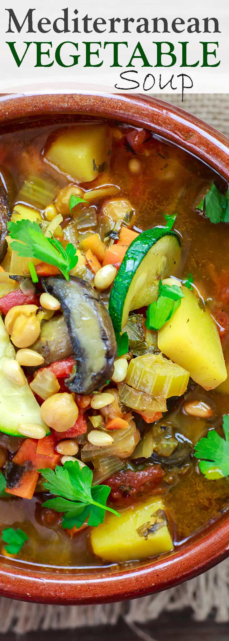Mediterranean Homemade Vegetable Soup | The Mediterranean Dish. An easy homemade vegetable soup prepared Mediterranean-style. Quality vegetables, mushrooms, and chickpeas, bone broth with a dose of aromatics, fresh herbs, and bold Mediterranean spices all in one pot! A delicious way to "detox."