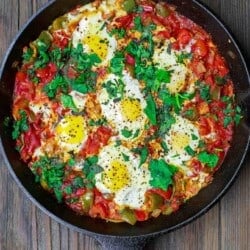 Shakshuka served in a cast iron skillet