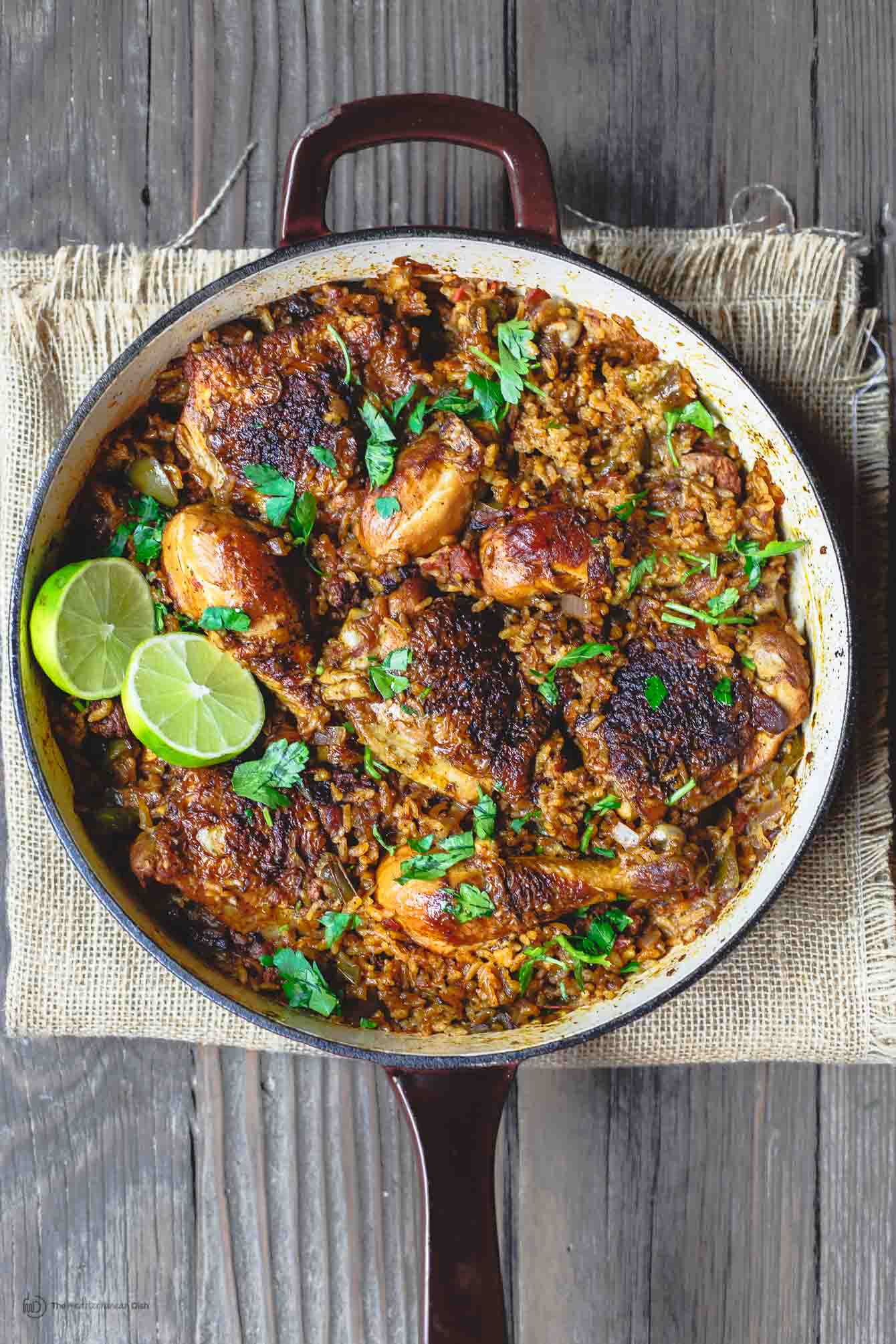 Skillet of Spanish Chicken and Rice with Chorizo ready to be served