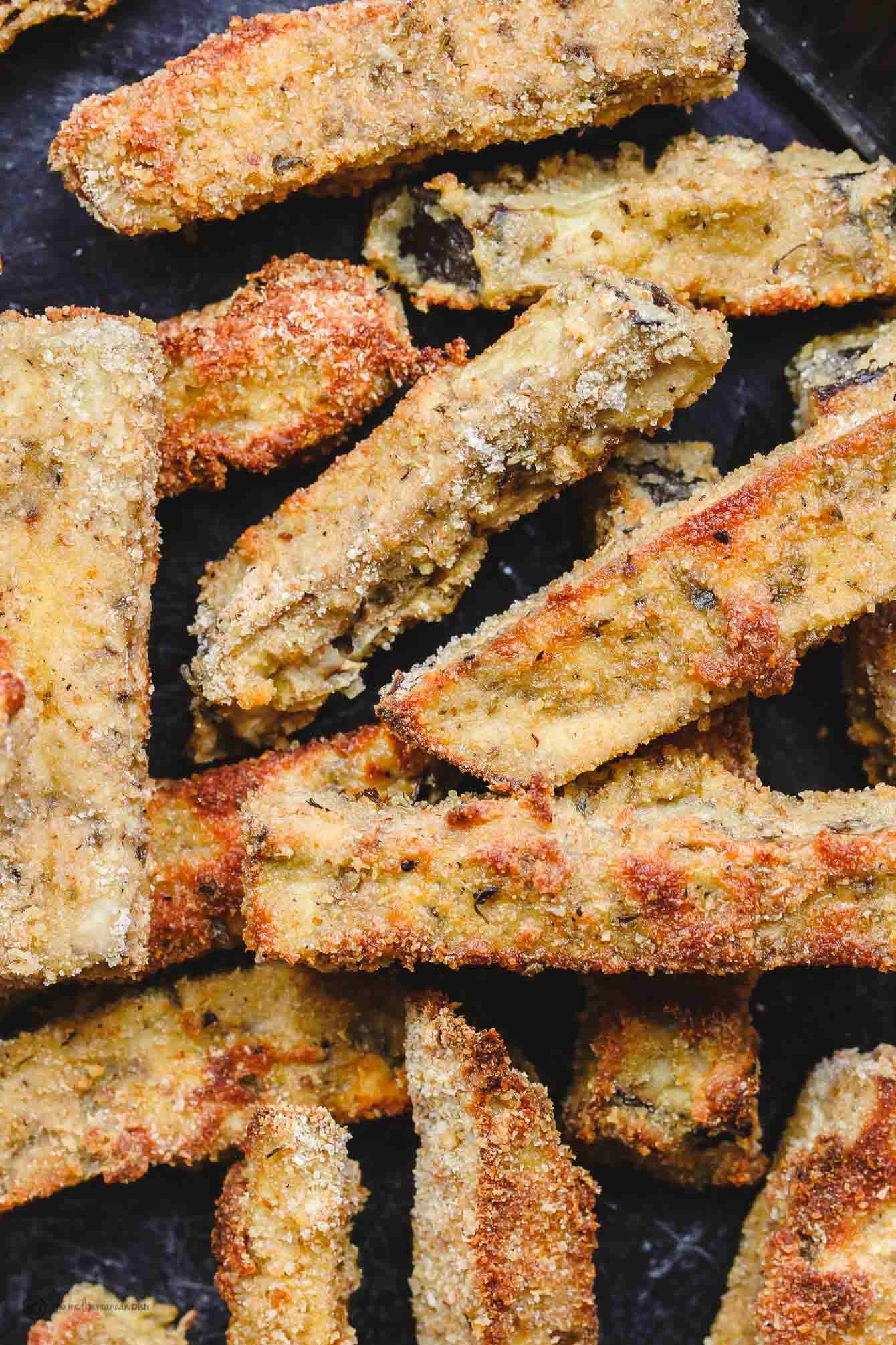 Ready to eat eggplant fries, crispy on the outside and tender on the inside