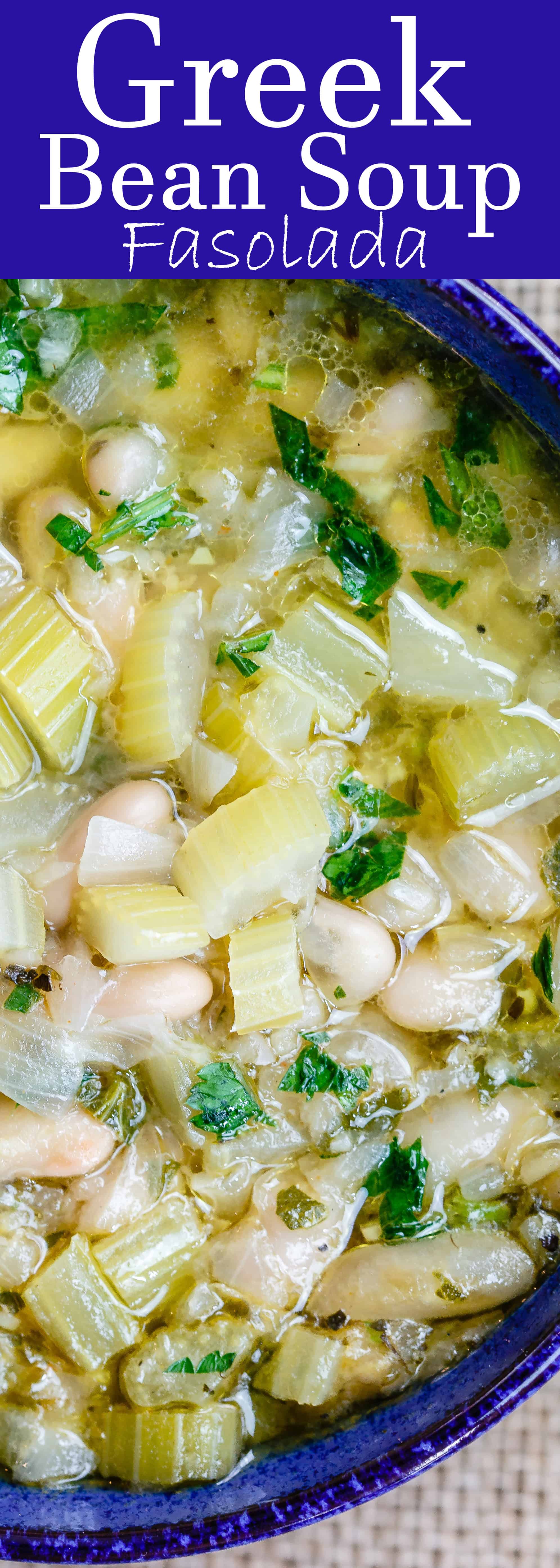 Easy Greek Bean Soup (Fasolada) | The Mediterranean Dish. Simple, flavor-packed Greek soup with white beans, celery, Mediterranean spices and aromatics. A satisfying weeknight dinner for a family on a budget! See the recipe on TheMediterraneanDish.com