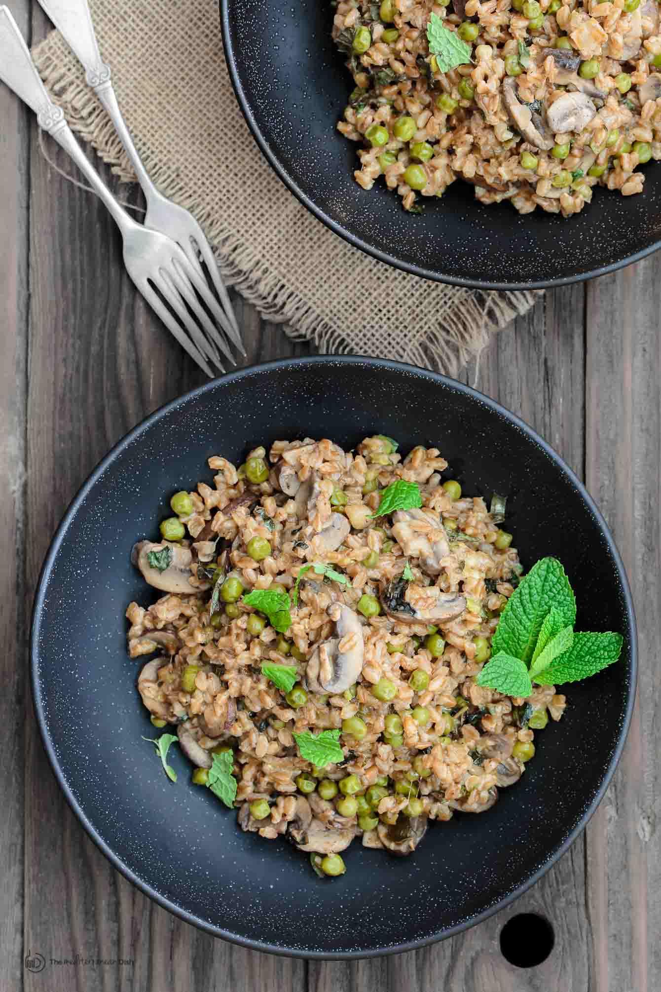 Two servings of Farro with Mushrooms and Peas