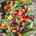 Roasted Asparagus Salad with Grape Tomatoes and Fried Halloumi cheese and basil