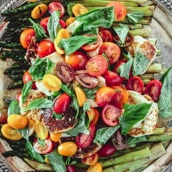 Roasted Asparagus Salad with Grape Tomatoes and Fried Halloumi cheese and basil