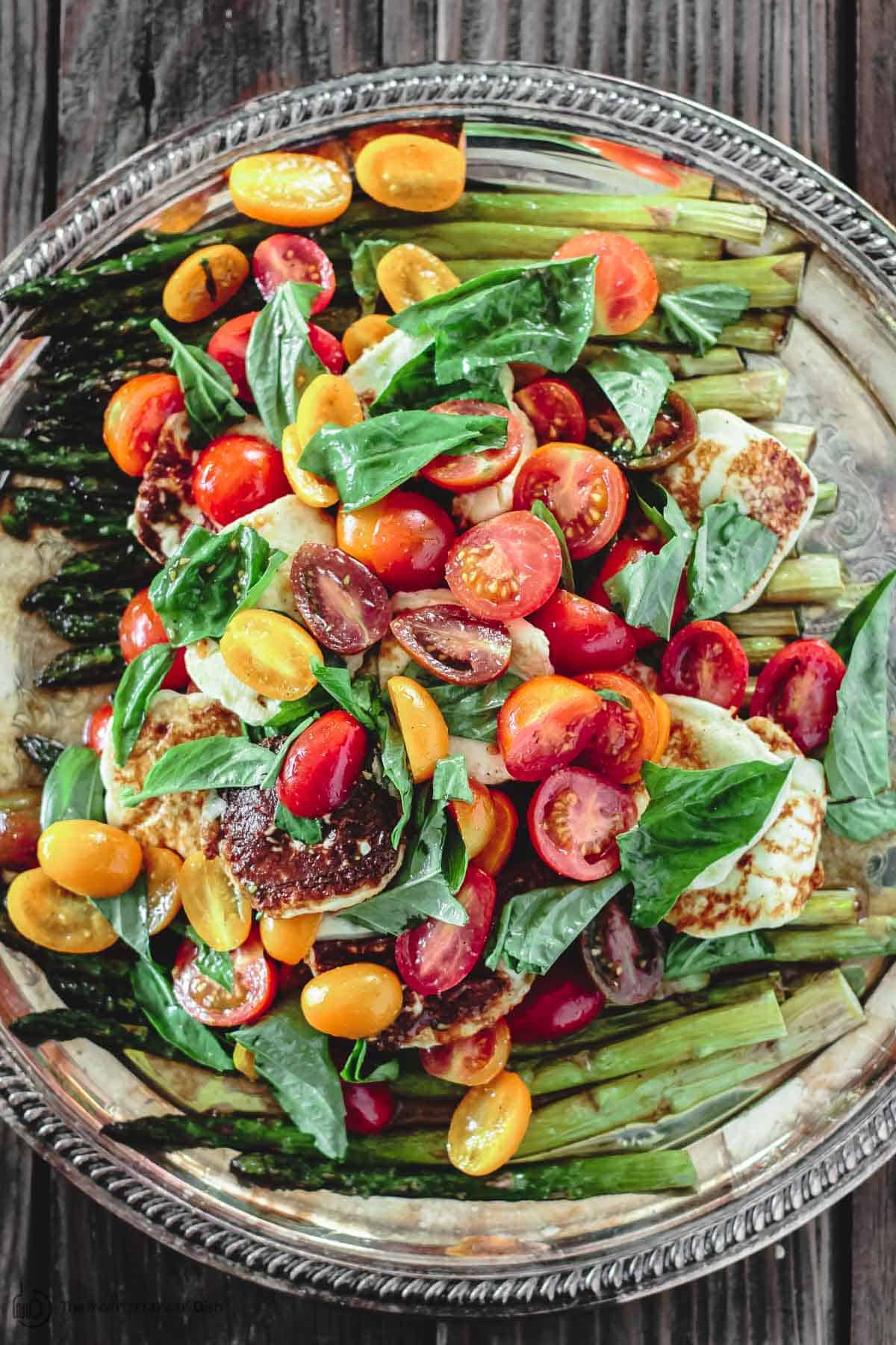 Roasted Asparagus Salad with Grape Tomatoes and Fried Halloumi cheese and basil