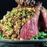 Roast Lamb Rack with Harissa and Herb-Pistachio Crust. Gorgeous presentation that takes literally 40 minutes start-to-finish!