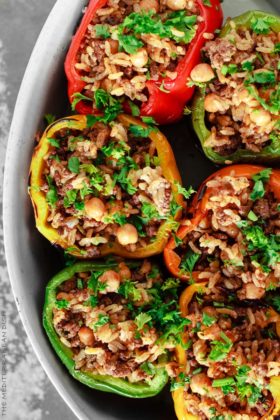 Mediterranean-style Stuffed Peppers with Rice Stuffing, Ground Meat and Chickpeas