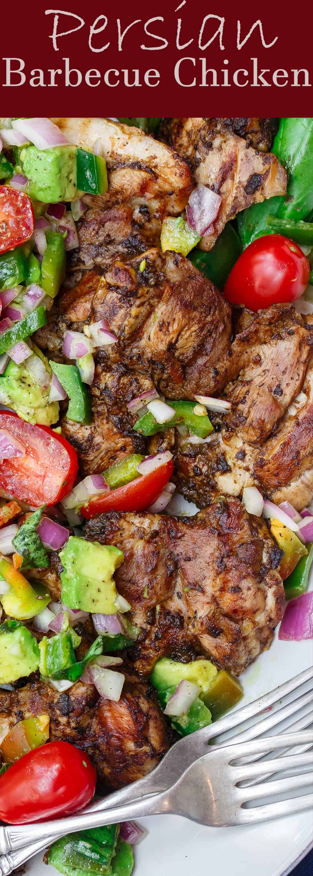 Persian-Style Barbecue Chicken Thighs Recipe | The Mediterranean Dish. Quick recipe for flavor-packed, tender chicken with Persian flavors. No waiting with this marinade! Top the chicken with our easy tomato avocado salad! See the full recipe on TheMediterraneanDish.com