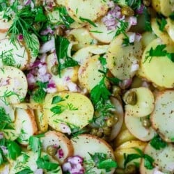 potato salad with dijon mustard dressing, dill, and capers