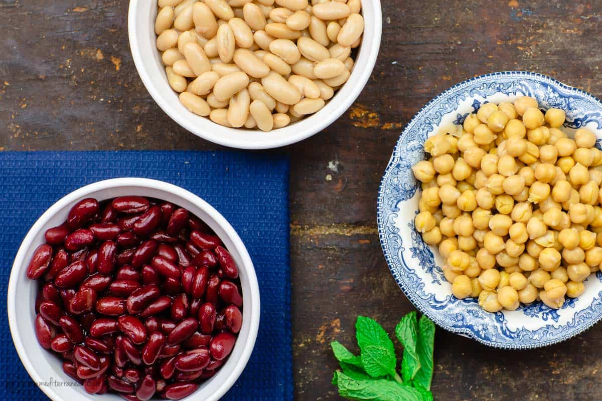 Three beans: garbanzo, kindey beans, and cannellini beans