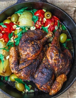 Crispy spatchcock chicken in cast iron skillet