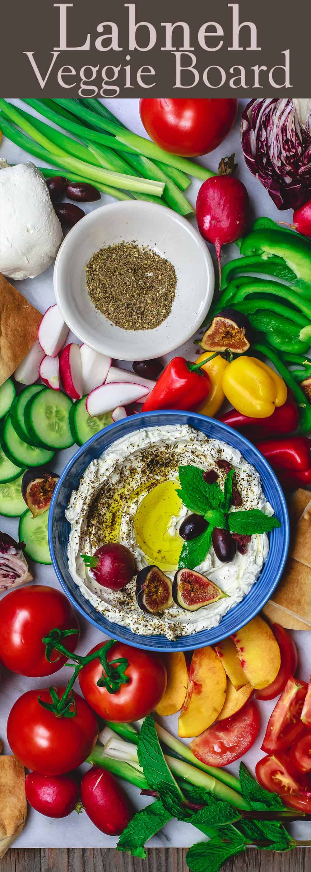 Homemade Labneh Recipe and Veggie Board | The Mediterranean Dish. Easy Middle Eastern labneh, creamy yogurt cheese! Serve it as a dip with lots of olive oil, veggies, olives and warm pita. See the labneh recipe and how to make this board on TheMediterraneanDish.com