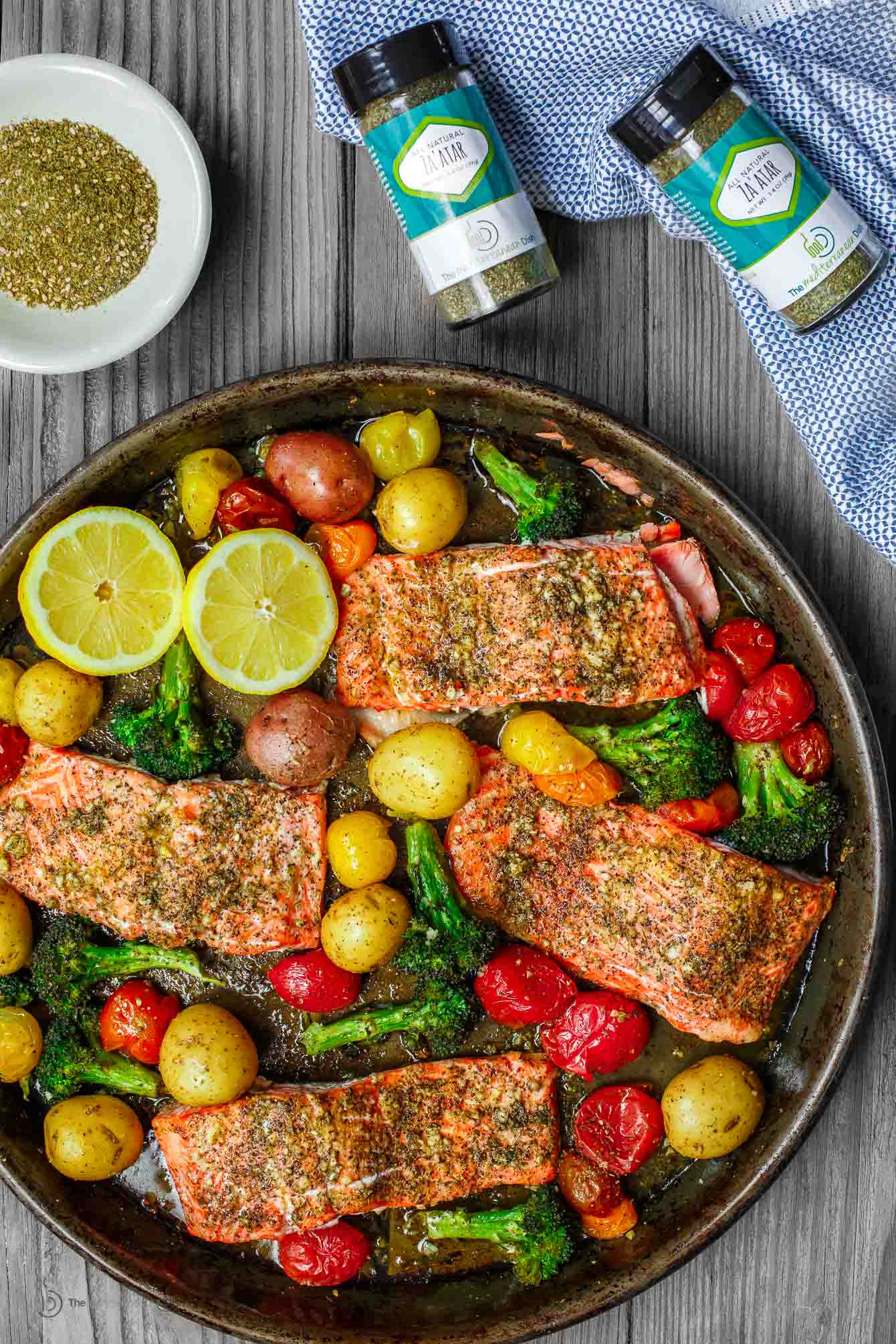 Colorful dish consisting of baked salmon, vegetables and our new Za'atar spice!