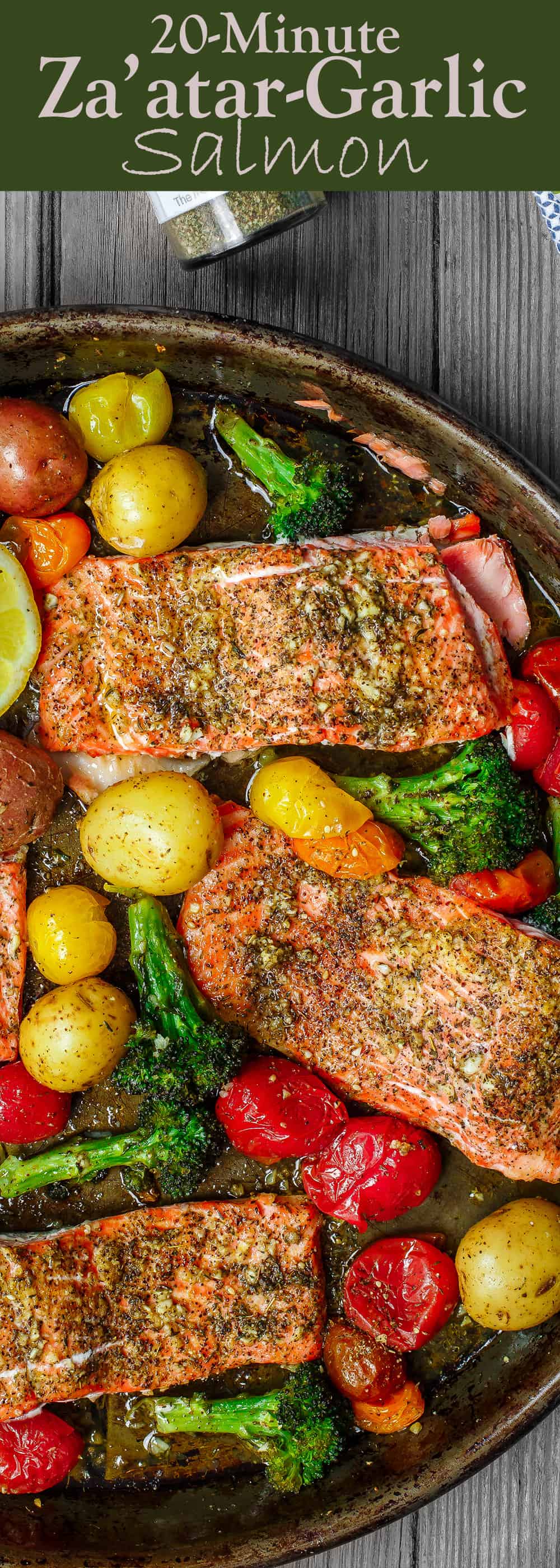 Za'atar Garlic Salmon Recipe | The Mediterranean Dish. Pan sheet garlic salmon with a Mediterranean twist you will love! Crusty zaatar, lemon juice, olive oil and veggies all on one sheet. Ready in 25 minutes! See the recipe on TheMediterraneanDish.com