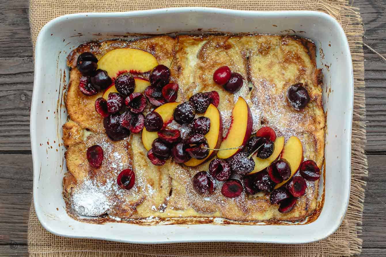 French Toast with fresh fruit combined in the baking pan