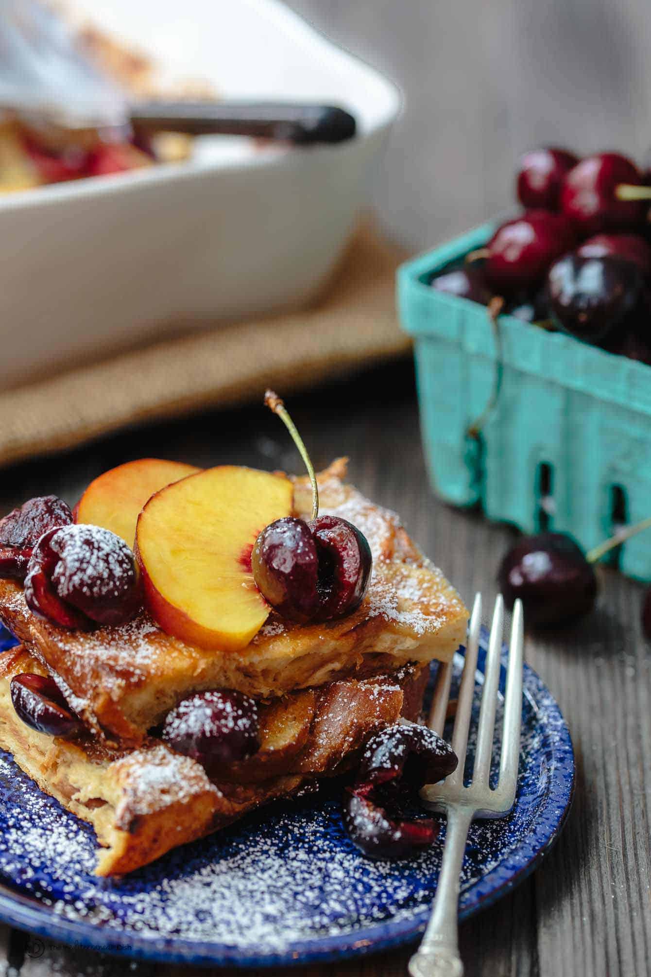 Fresh cherries and nectarines garnish the french toast