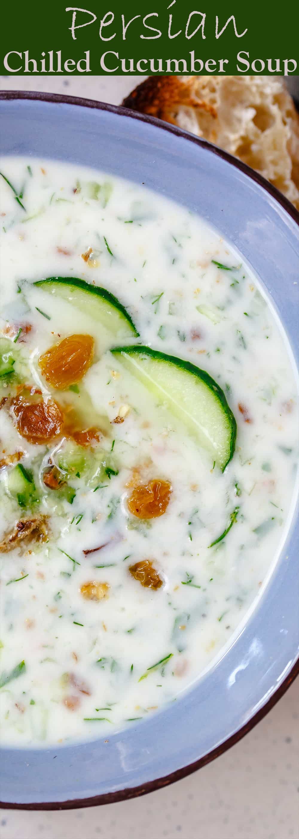 Persian Chilled Cucumber Soup (Abdoogh Kiar) | The Mediterranean Dish. A cold cucumber soup in a yogurt base with lots of fresh herbs, toasted walnuts, and raisins. Think detox soup to help you cool off and rest your body! See the recipe on TheMediterraneanDish.com