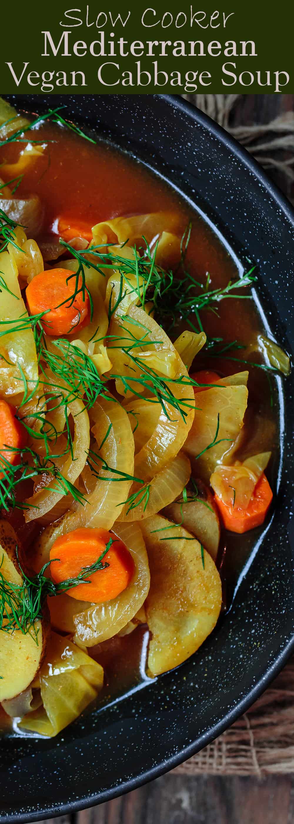 Mediterranean Slow Cooker Cabbage Soup | The Mediterranean Dish. Gluten free and vegan cabbage soup with a Mediterranean twist. Hearty, rustic, satisfying and filled with flavor from Mediterranean spices and fresh herbs. See the easy recipe on TheMediterraneanDish.com #slowcooker #soup #cabbagesoup #vegancabbagesoup #mediterraneandiet