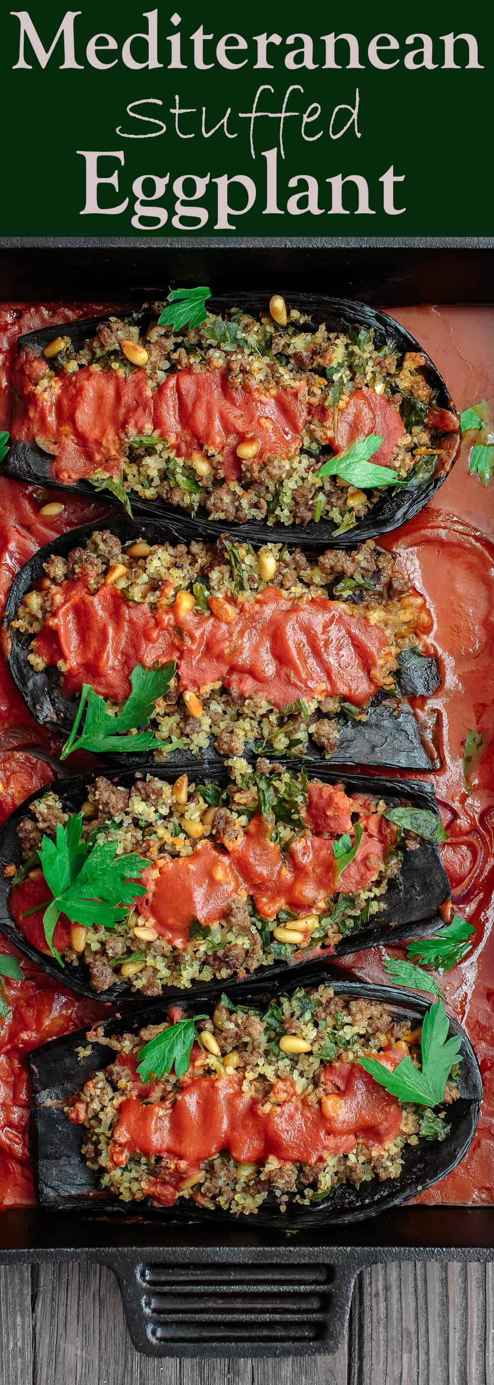 Mediterranean Stuffed Eggplant Recipe | The Mediterranean Dish. This is a must-try all star recipe for stuffed eggplants. Roasted eggplants stuffed with a fragrant spiced meat, bulgur and pine nut mixture. So good! See full recipe on TheMediterraneanDish.com