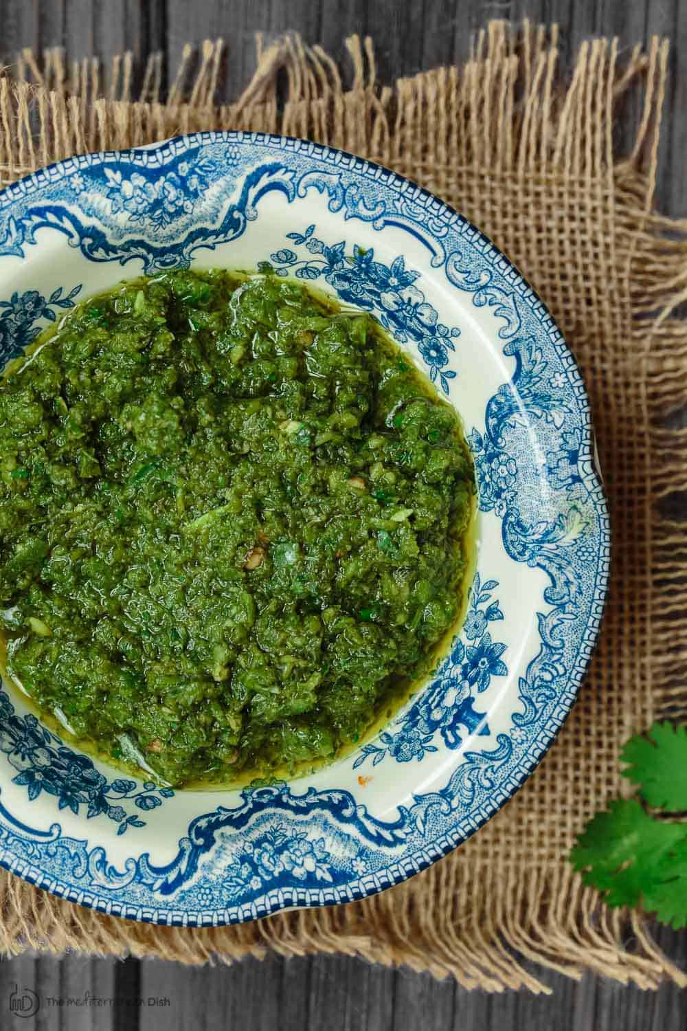 Bowl of Zhoug: Spicy Cilantro Pesto