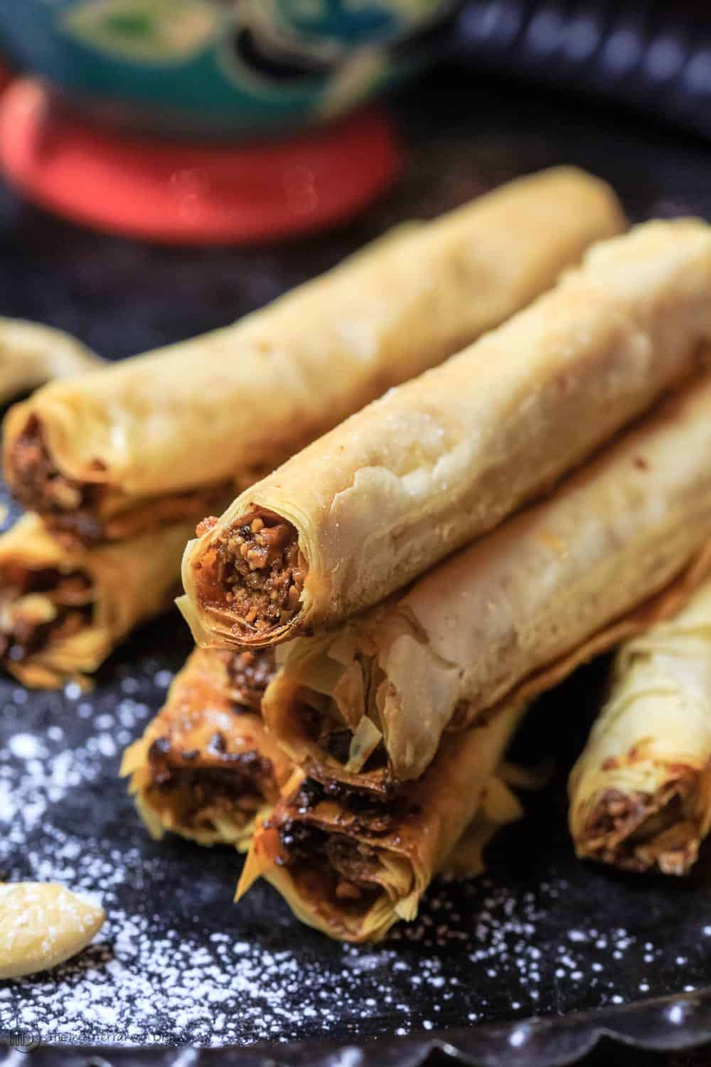 Close-up of Cashew Filled Baklava Rolls