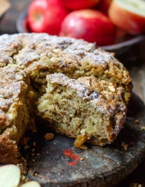 Italian Apple Olive Oil Cake with chunks of apple, raisins and cinnamon