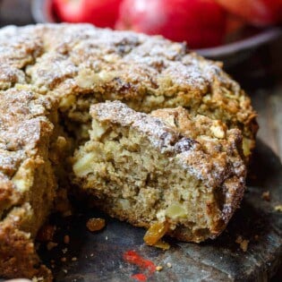 Italian Apple Olive Oil Cake with chunks of apple, raisins and cinnamon