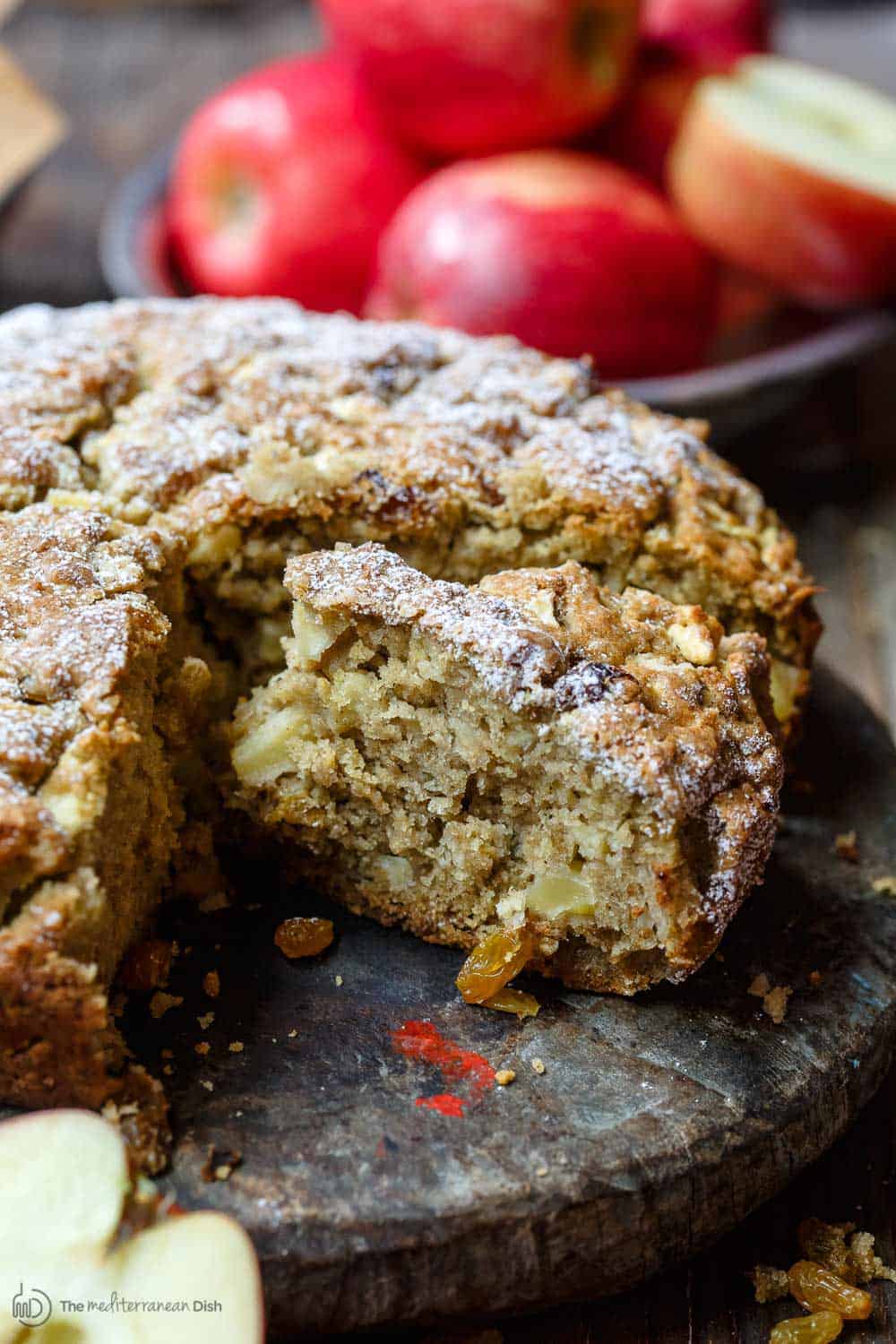 Italian Apple Olive Oil Cake with chunks of apple, raisins and cinnamon