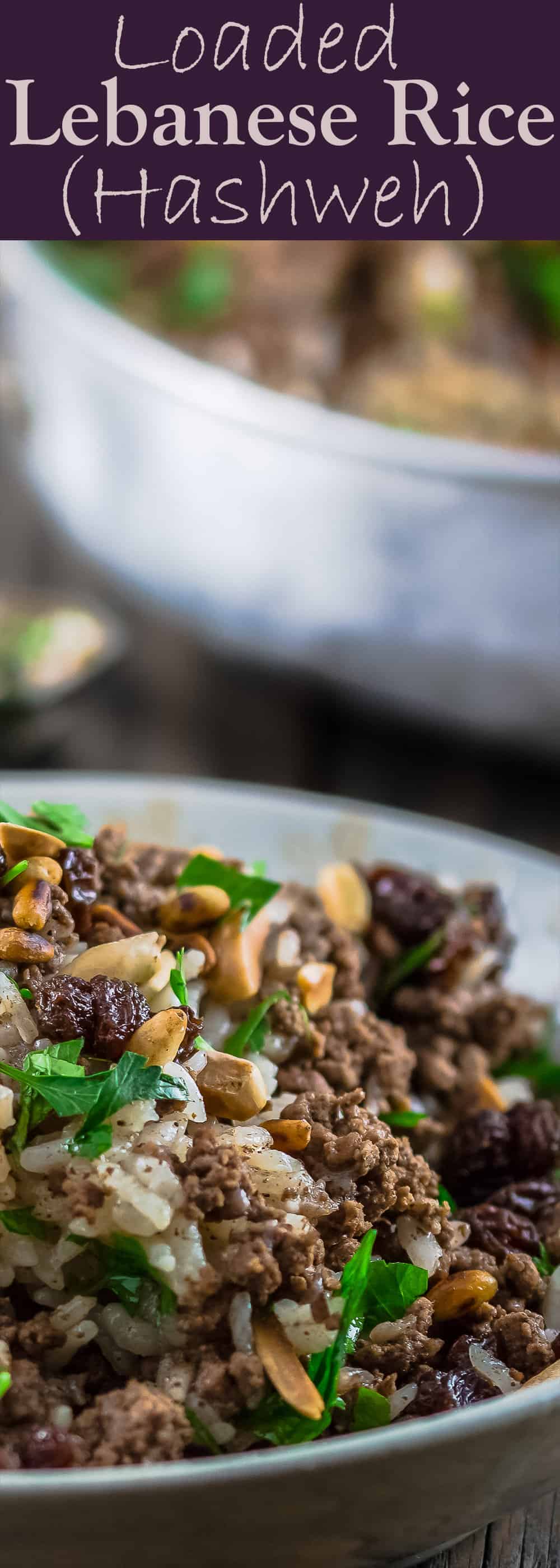Lebanese Rice (Hashweh) | The Mediterranean Dish. Easy, flavorful loaded Lebanese Rice with ground beef, toasted nuts, raisins and sweet, earthy spices. Makes the perfect side dish or dinner bowl. Think also gluten free stuffing! #rice #lebaneserice #middleeasternrice #lebaneserecipe #mediterraneanrecipe