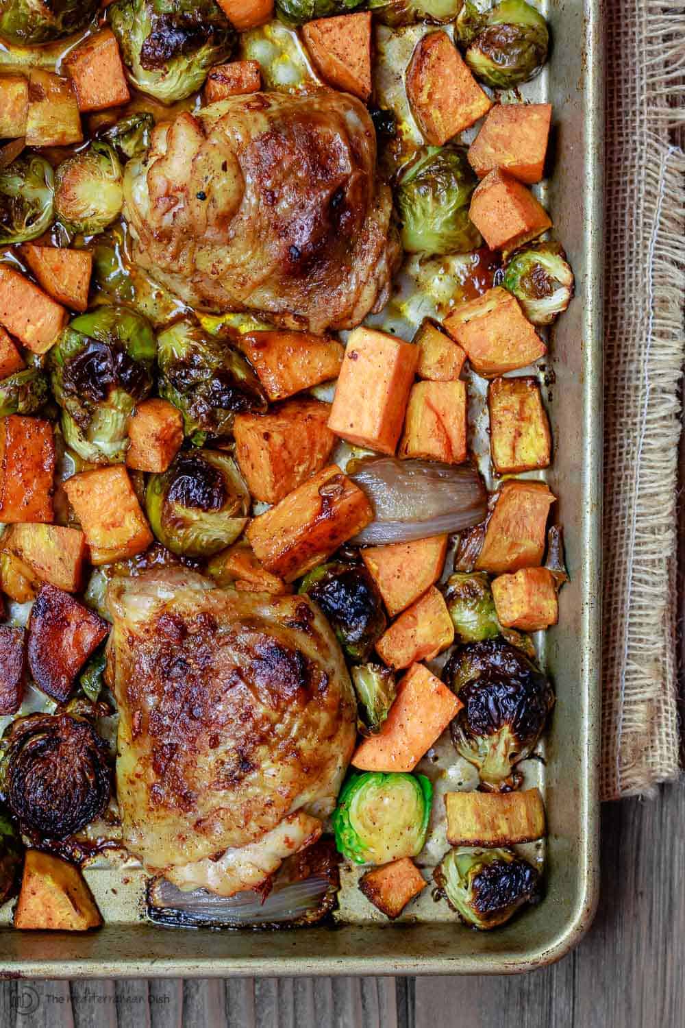 Chicken and Vegetables on a sheet pan after being baked