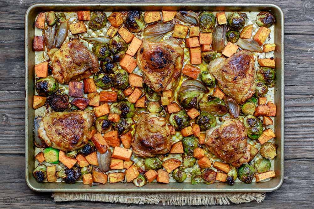 Sheet Pan containing cooked Paprika Chicken and Vegetables
