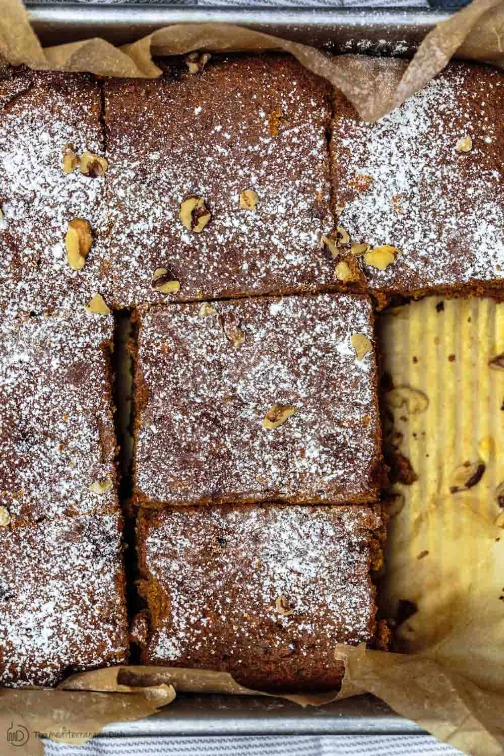 Close-up of Healthy Carrot Cake cut into squares and ready to be served