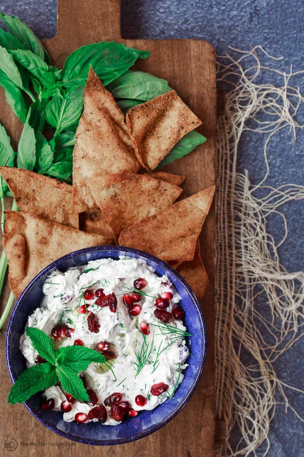 Pita chips and labneh ready to be served